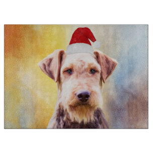 Airedale Dog Christmas Santa Hat Art Portrait Cutting Board