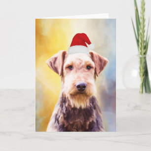 Airedale Dog Christmas Santa Hat Art Portrait Holiday Card