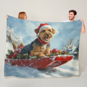 Airedale Dog in Sledge Let it Snow Christmas Fleece Blanket