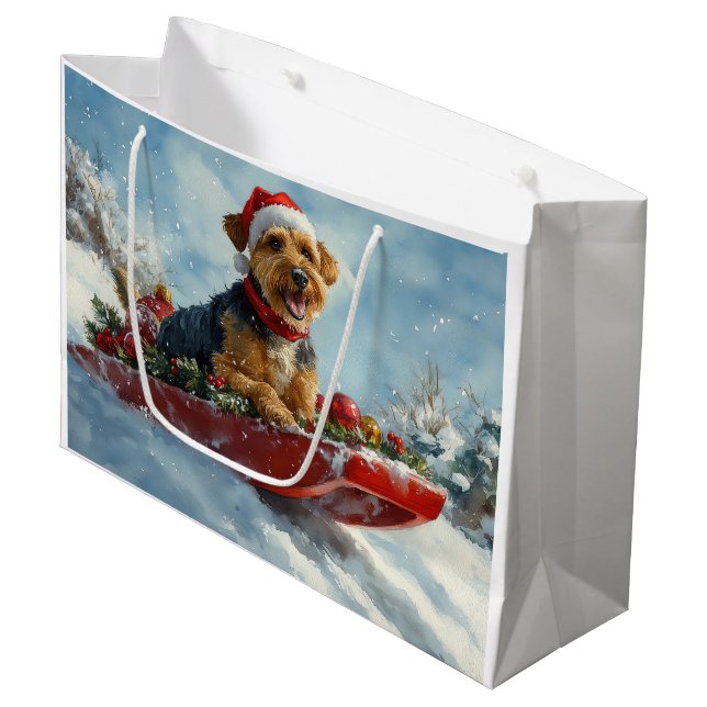 Airedale Dog in Sledge Let it Snow Christmas Large Gift Bag (Front Angled)