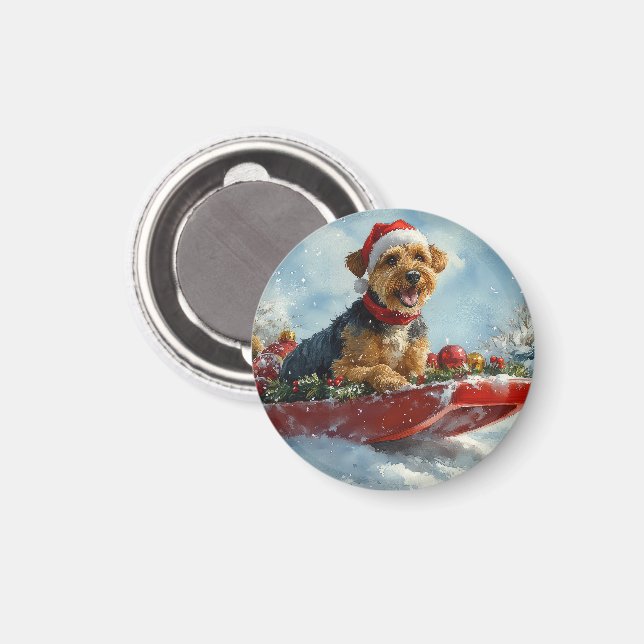 Airedale Dog in Sledge Let it Snow Christmas Magnet (Front/Back)