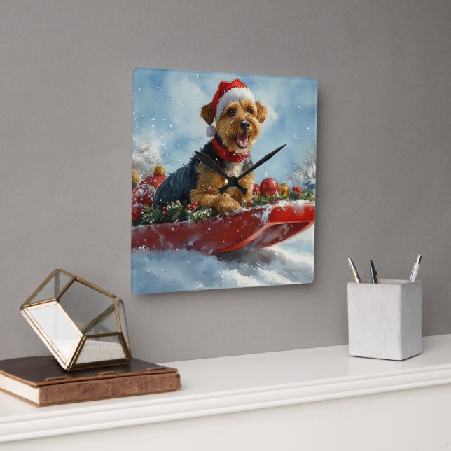 Airedale Dog in Sledge Let it Snow Christmas Square Wall Clock (Office)