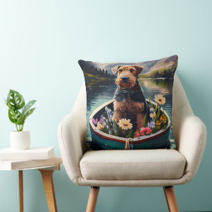 Airedale Dog on a Paddle: A Scenic Adventure  Cushion