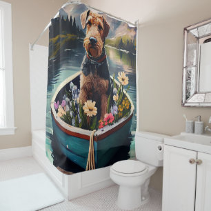 Airedale Dog on a Paddle: A Scenic Adventure Shower Curtain