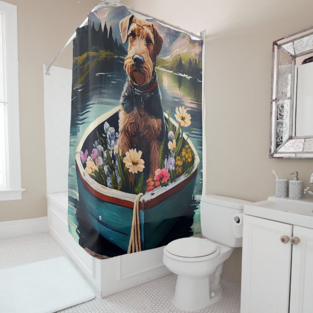 Airedale Dog on a Paddle: A Scenic Adventure Shower Curtain (In Situ)