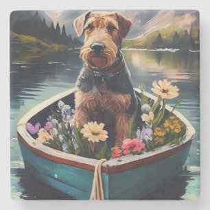 Airedale Dog on a Paddle: A Scenic Adventure Stone Coaster