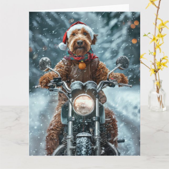 Airedale Dog Riding Motorcycle Christmas Card (Yellow Flower)