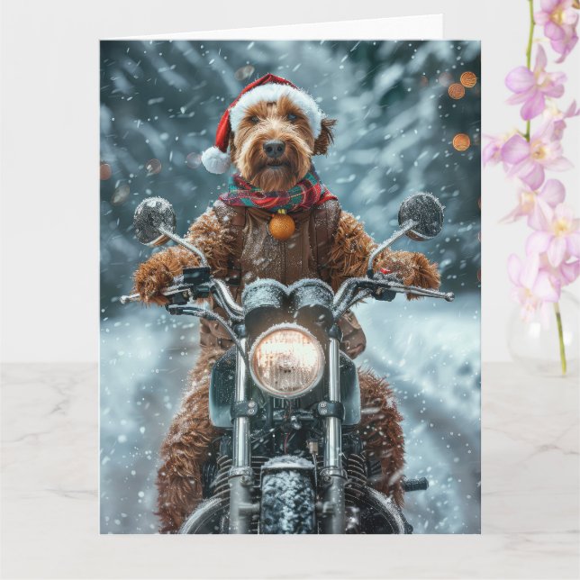 Airedale Dog Riding Motorcycle Christmas Card (Orchid)