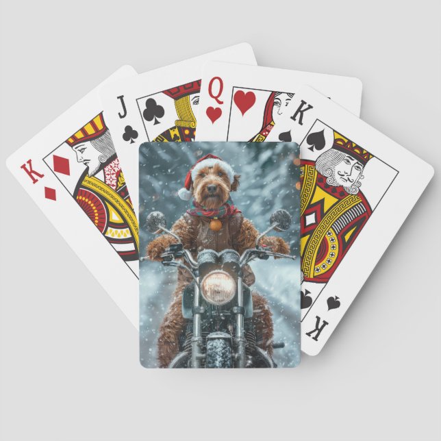 Airedale Dog Riding Motorcycle Christmas Playing Cards (Back)