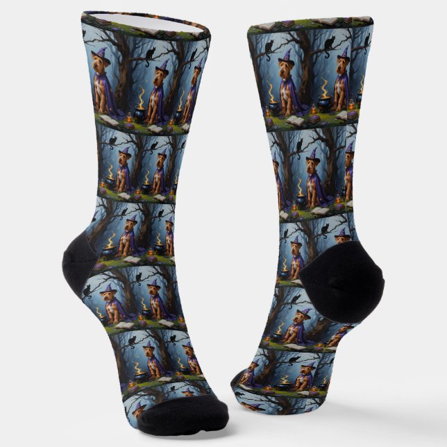 Airedale Dog Whimsical Halloween Painting Socks (Angled)