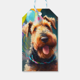 Airedale dog with birthday hat and balloons gift tags