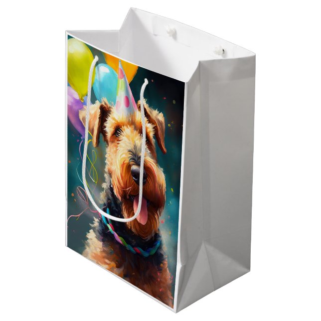 Airedale dog with birthday hat and balloons medium gift bag (Front Angled)