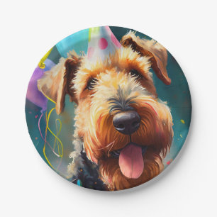 Airedale dog with birthday hat and balloons paper plate