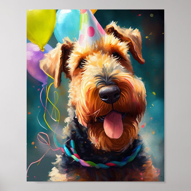 Airedale dog with birthday hat and balloons poster (Front)