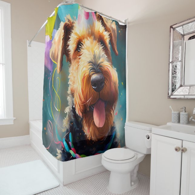 Airedale dog with birthday hat and balloons shower curtain (In Situ)