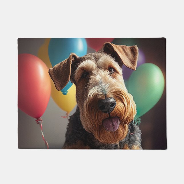 Airedale dog with cake and balloons doormat (Front)