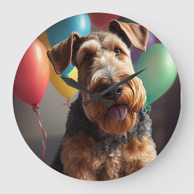 Airedale dog with cake and balloons large clock (Front)