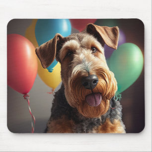 Airedale dog with cake and balloons mouse pad