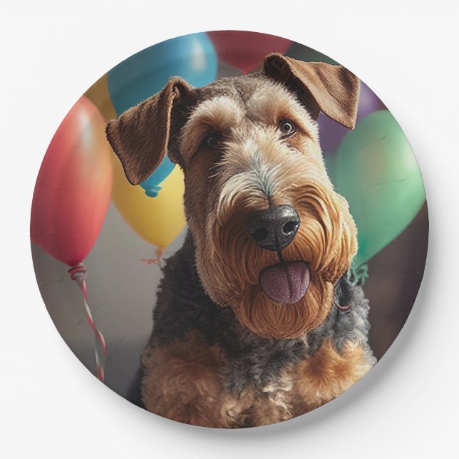 Airedale dog with cake and balloons paper plate (Front)