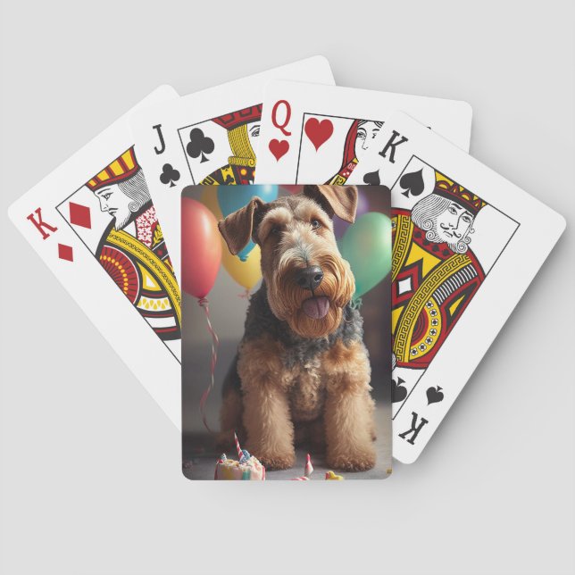 Airedale dog with cake and balloons playing cards (Back)