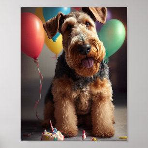 Airedale dog with cake and balloons poster