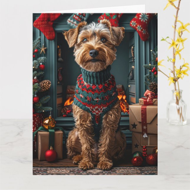 Airedale Dog With Christmas Gifts Fireplace Card (Yellow Flower)