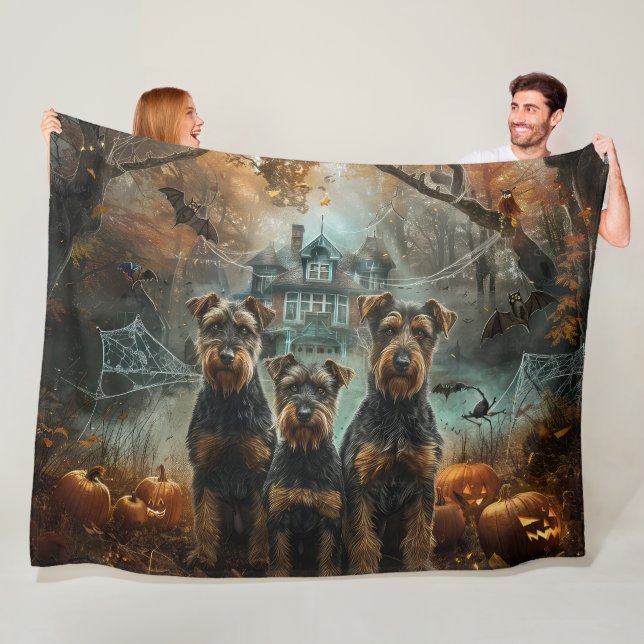 Airedale Halloween Night Doggy Delight Fleece Blanket (In Situ)