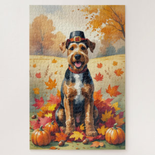 Airedale in Autumn Leaves Thanksgiving Art Jigsaw Puzzle