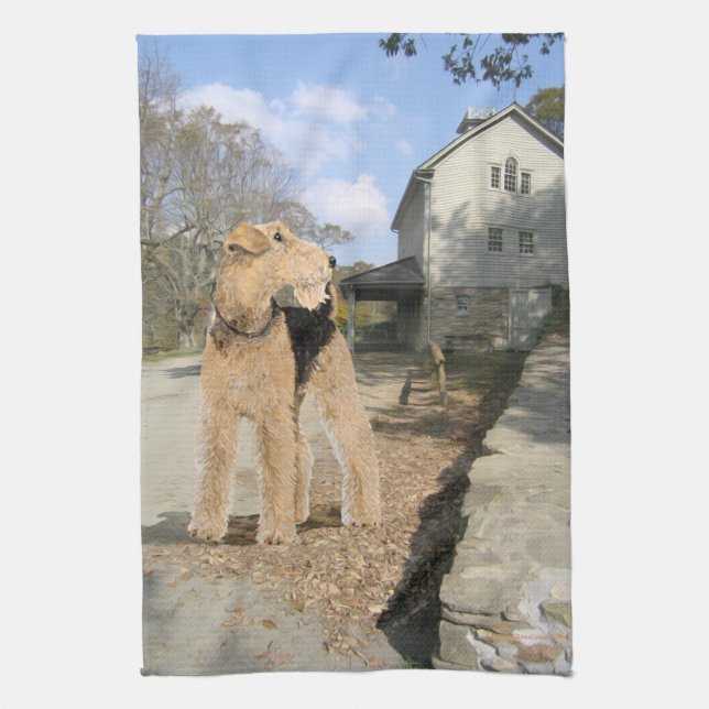 Airedale in the Stable Yard Tea Towel (Vertical)