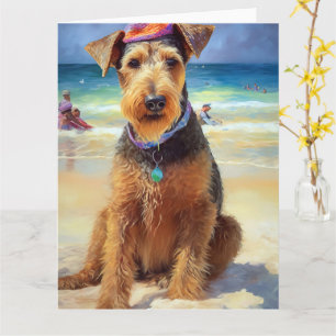 Airedale on Beach, summer gift for dog lovers Card