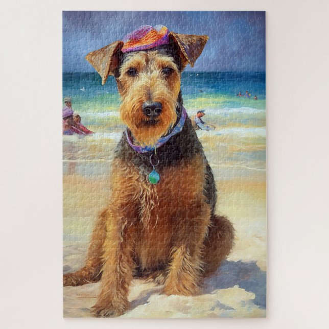 Airedale on Beach, summer gift for dog lovers  Jigsaw Puzzle (Vertical)