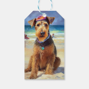 Airedale on Beach, summer gift for dog lovers  Tags