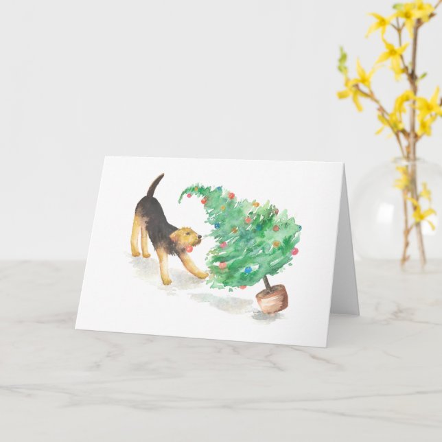 Airedale pulling the Christmas tree Card (Yellow Flower)