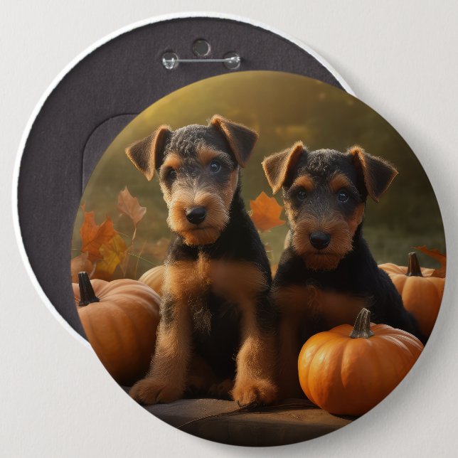 Airedale Puppy Autumn Delight Pumpkin 6 Cm Round Badge (Front & Back)