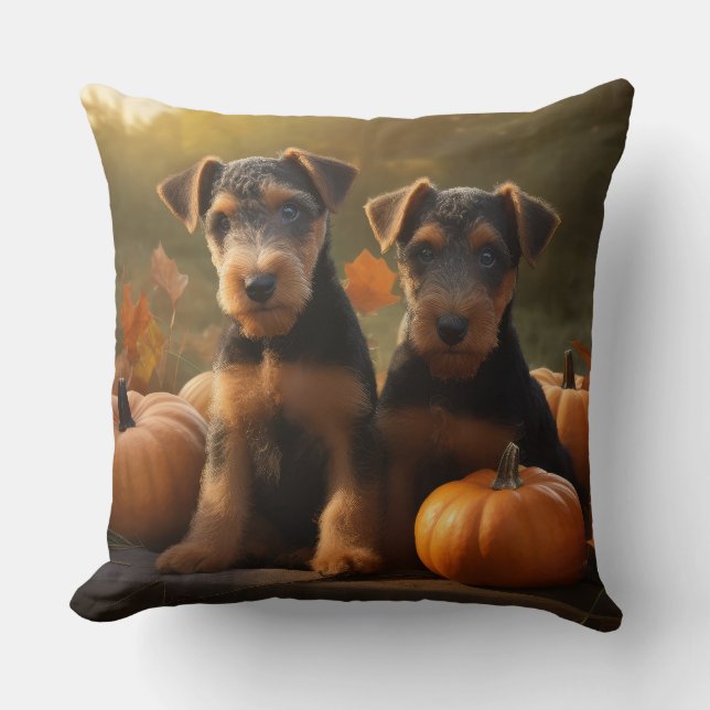 Airedale Puppy Autumn Delight Pumpkin Cushion (Front)