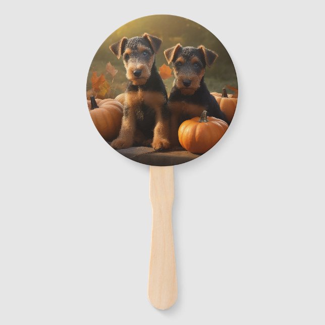 Airedale Puppy Autumn Delight Pumpkin Hand Fan (Front)