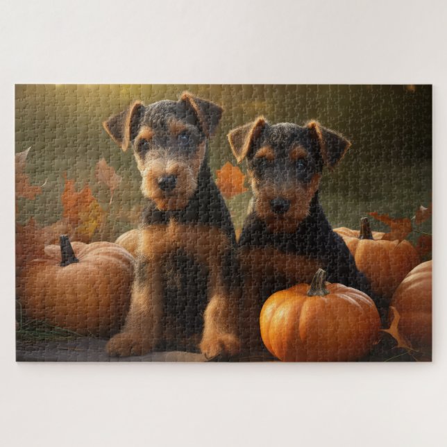Airedale Puppy Autumn Delight Pumpkin Jigsaw Puzzle (Horizontal)