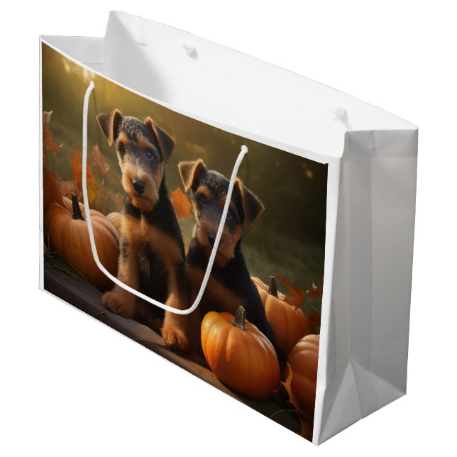 Airedale Puppy Autumn Delight Pumpkin Large Gift Bag (Front Angled)