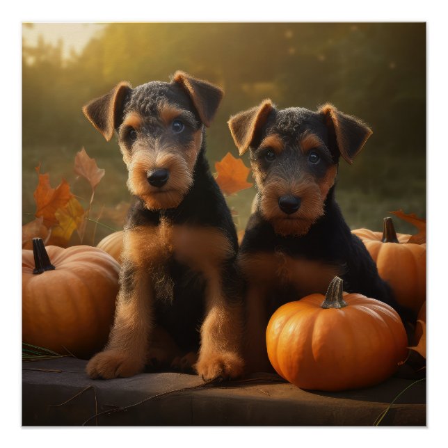 Airedale Puppy Autumn Delight Pumpkin Poster (Front)