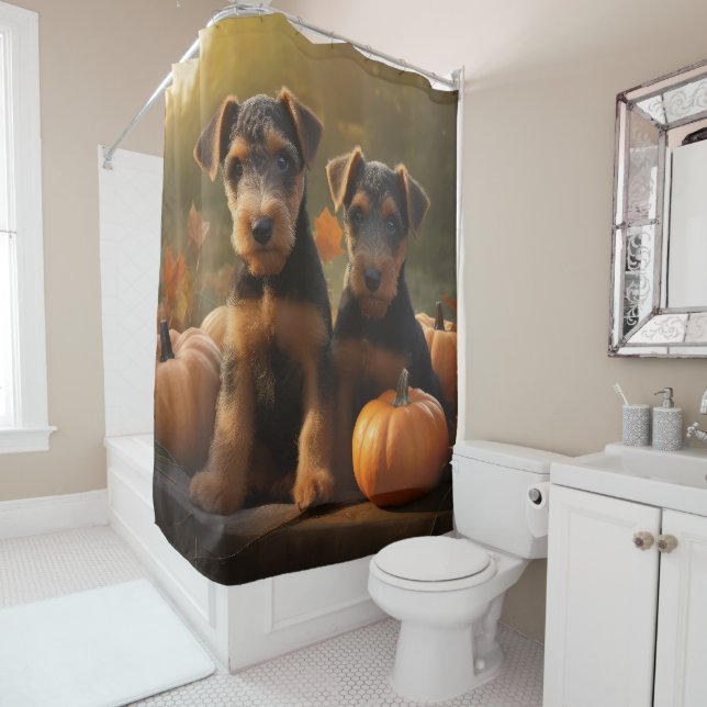 Airedale Puppy Autumn Delight Pumpkin Shower Curtain (In Situ)