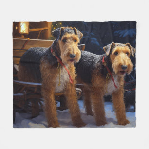 Airedale Snowy Sleigh Ride Christmas Decor Fleece Blanket