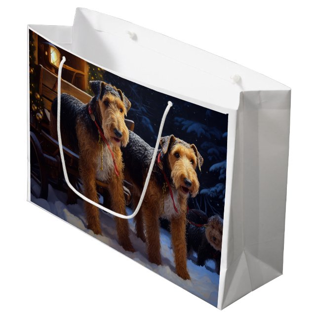 Airedale Snowy Sleigh Ride Christmas Decor   Large Gift Bag (Front Angled)