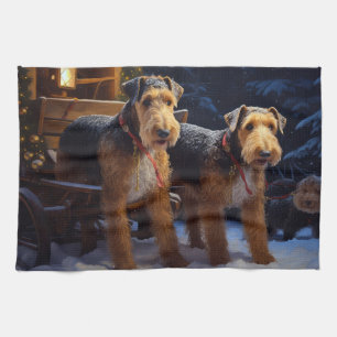 Airedale Snowy Sleigh Ride Christmas Decor Tea Towel