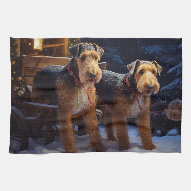 Airedale Snowy Sleigh Ride Christmas Decor   Tea Towel (Horizontal)