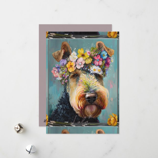 Airedale Terrier Abstract floral painting  Holiday Card (Front/Back In Situ)