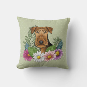 Airedale Terrier And Colourful Summer Flowers Gree Cushion