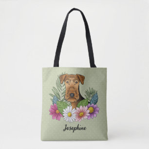 Airedale Terrier And Colourful Summer Flowers Gree Tote Bag