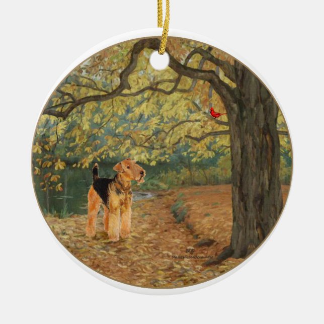 Airedale Terrier Birdwatching Ceramic Tree Decoration (Front)