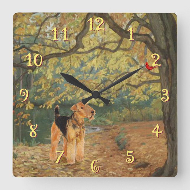 Airedale Terrier Birdwatching Square Wall Clock (Front)