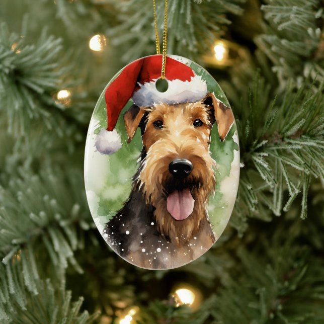 Airedale Terrier Christmas brush painting artwork Ceramic Tree Decoration (Tree)